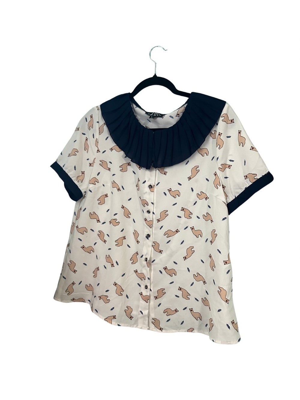 Pleated Collar Short-Sleeve Printed Blouse - Cream/Navy